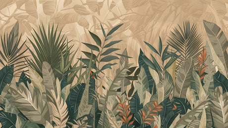 Tropical leaf wallpaper design file showing detailed palm fronds pattern on beige background