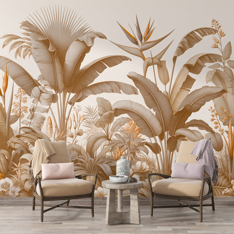 Tropical palm leaf wallpaper in beige tones creating a sophisticated atmosphere in a modern living room setting