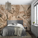 Tropical Monstera Wallpaper in modern living room showing beige palm leaves pattern creating depth