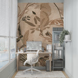 Beige Monstera Wall Mural in dining room with natural lighting enhancing leaf details