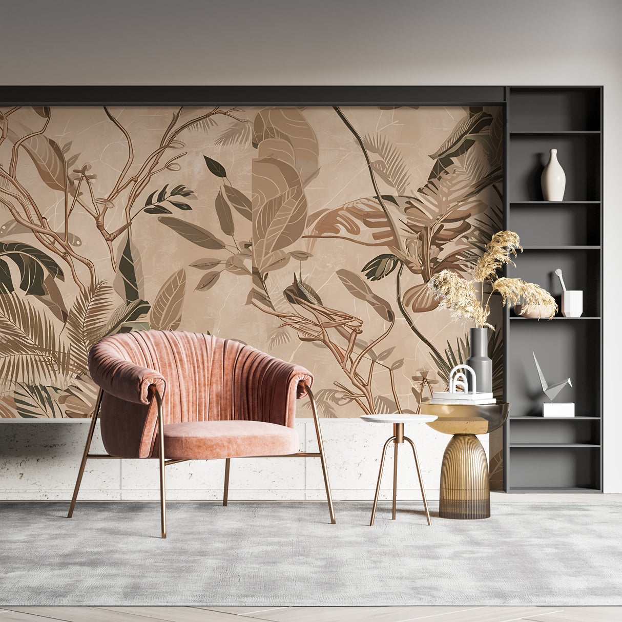 Botanical Wall Mural in home office featuring elegant monstera leaves in earth tones