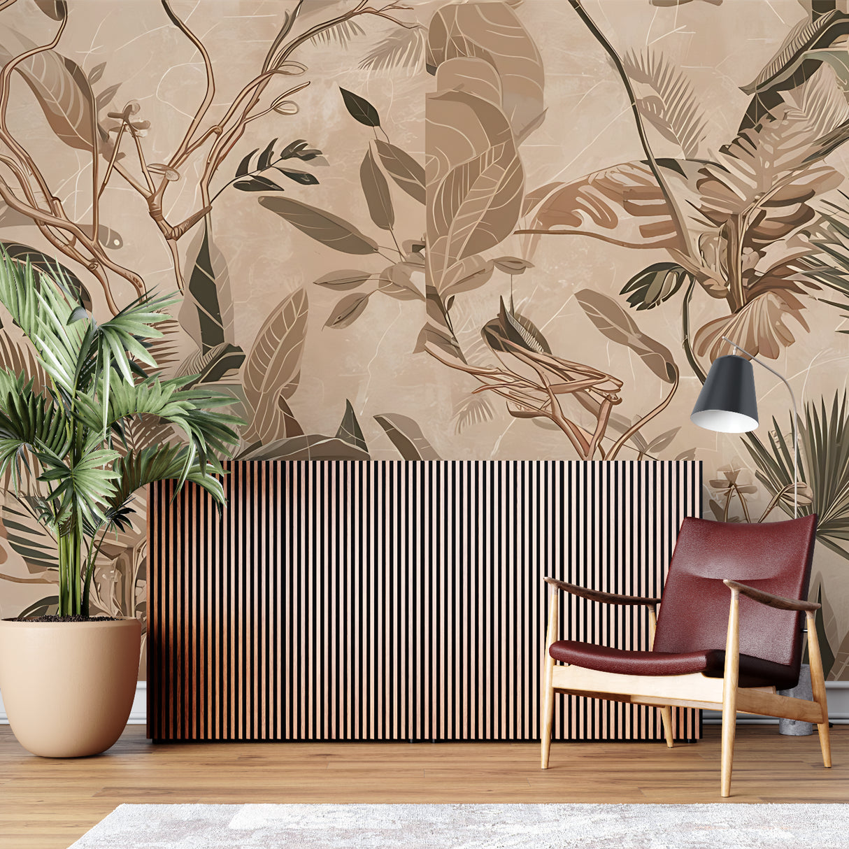 Tropical Leaf Wallpaper in bedroom showcasing calming beige palm pattern