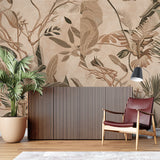 Tropical Leaf Wallpaper in bedroom showcasing calming beige palm pattern
