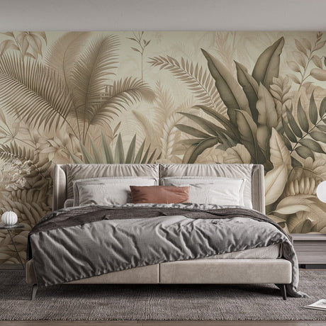 Tropical palm and monstera leaf wallpaper in beige creating a calm atmosphere in a modern living room setting