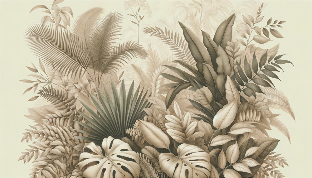 Beige tropical palm and monstera leaf wallpaper design file showing detailed botanical pattern