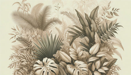 Beige tropical palm and monstera leaf wallpaper design file showing detailed botanical pattern