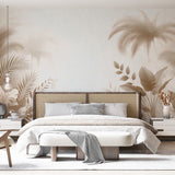 Tropical palm leaf wallpaper in beige tones creating a serene atmosphere in a modern living room setting