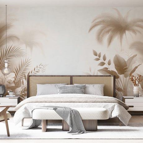 Tropical palm leaf wallpaper in beige tones creating a serene atmosphere in a modern living room setting