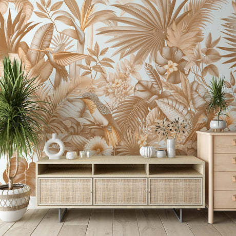 Tropical palm leaves wallpaper with birds creating a peaceful atmosphere in a modern living room with natural light