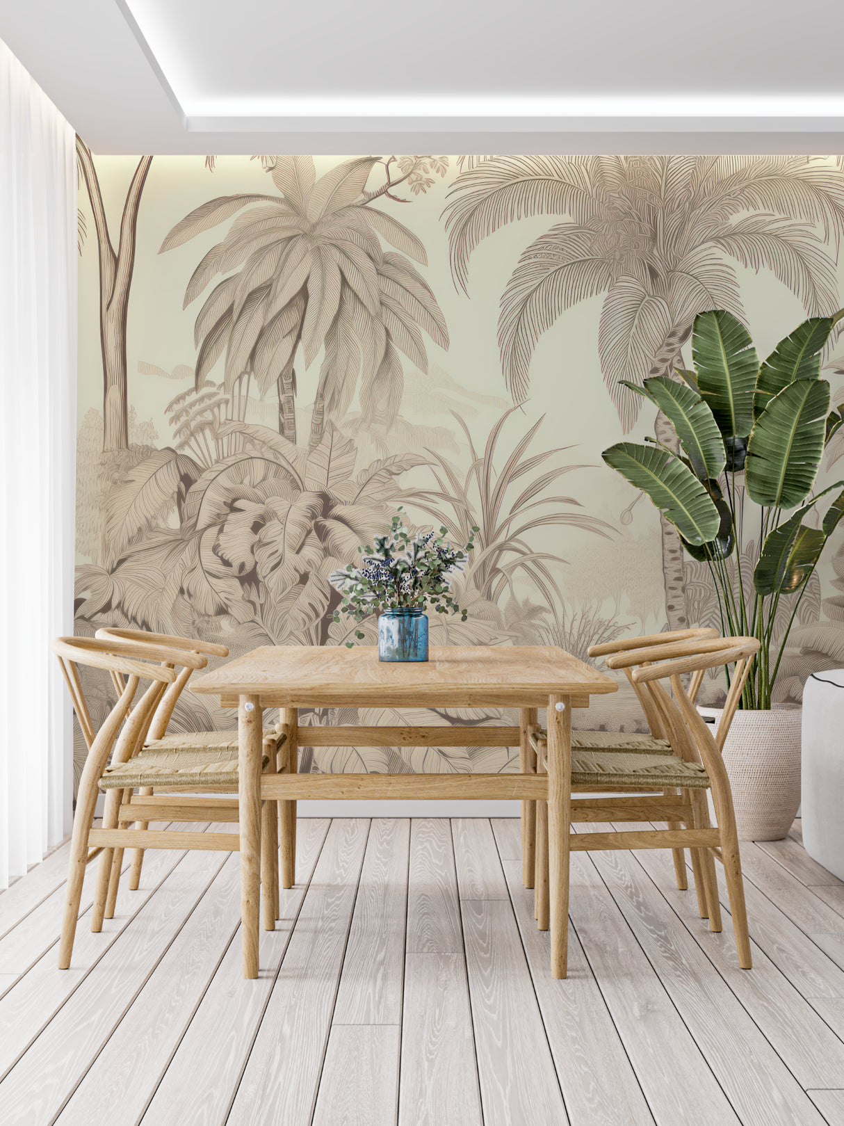 Tropical palm tree wallpaper in beige tones creating a calm atmosphere in a modern living room