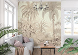 Tropical palm wallpaper in soft beige tones styled in a home office