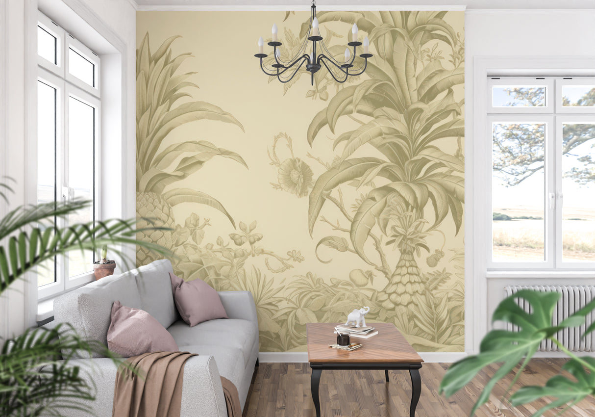 Beige pineapple toile wallpaper creating warm atmosphere in living room