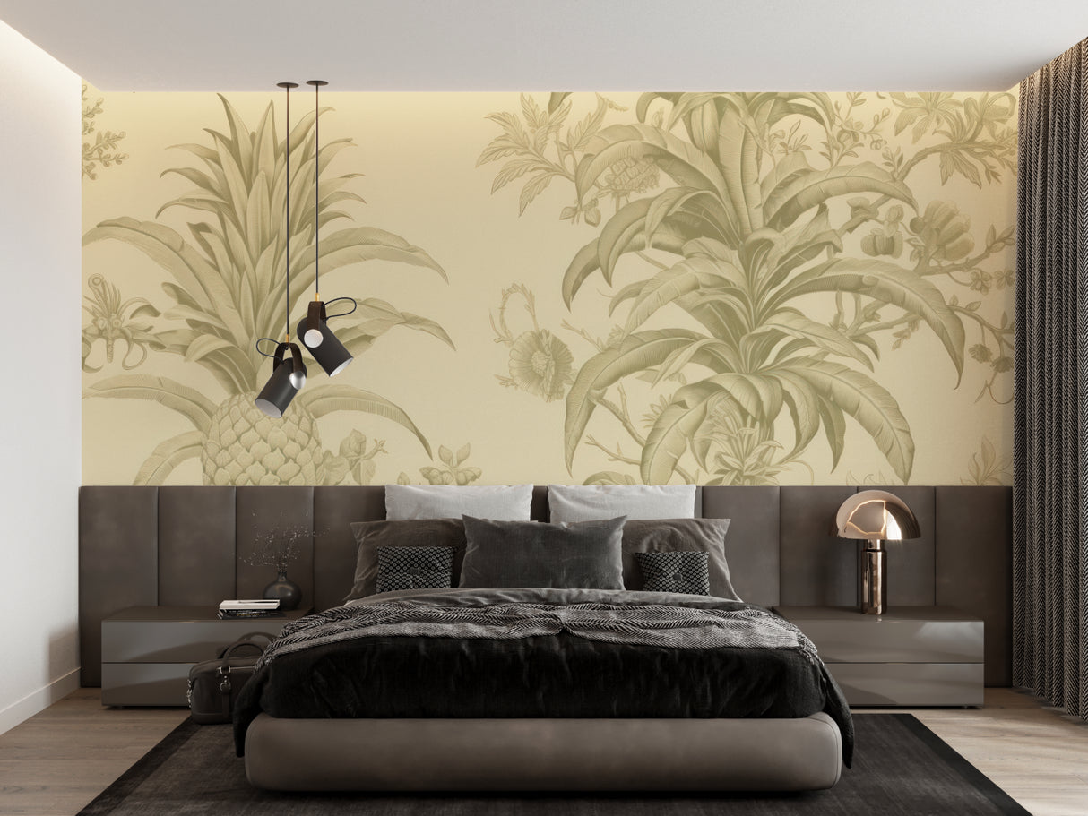 Tropical wall mural featuring pineapple design in modern bedroom setting