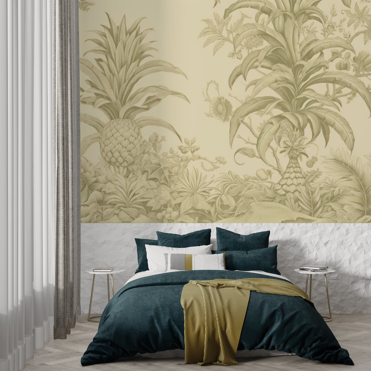 Botanical wallpaper with toile pattern displayed in home office