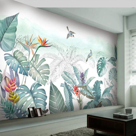 Tropical birds and monstera wallpaper creating a peaceful atmosphere in a modern living room setting