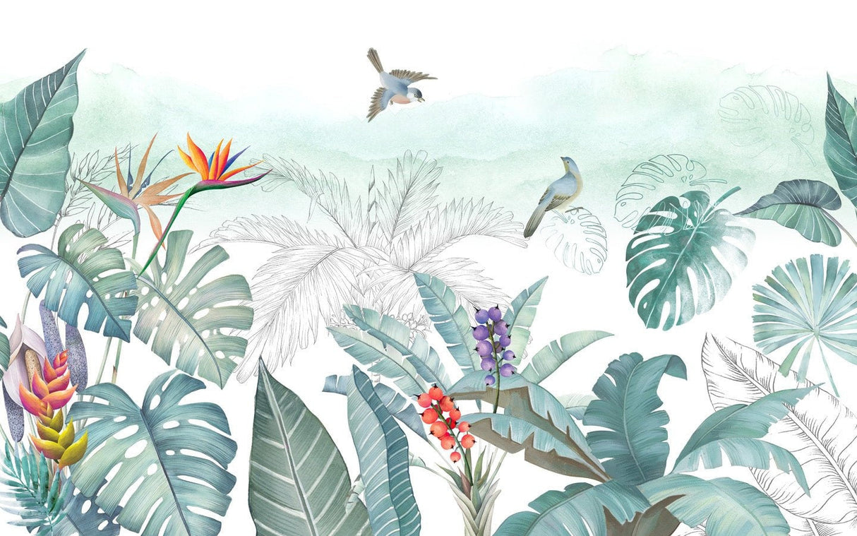 Tropical paradise design file showing detailed monstera leaves and exotic birds pattern