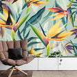 Tropical Birds of Paradise wallpaper in bright modern dining room with natural light streaming through windows