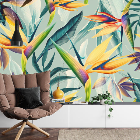 Tropical Birds of Paradise wallpaper in bright modern dining room with natural light streaming through windows