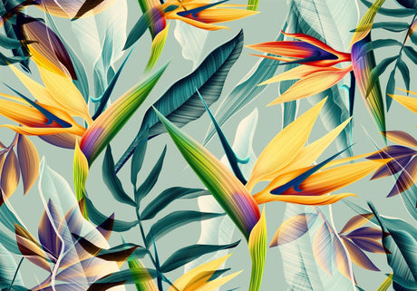 Birds of Paradise and exotic leaves design file showing intricate pattern details and color palette