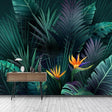 Tropical leaf wallpaper with Birds of Paradise and Monstera leaves creating a bold statement in a modern living room