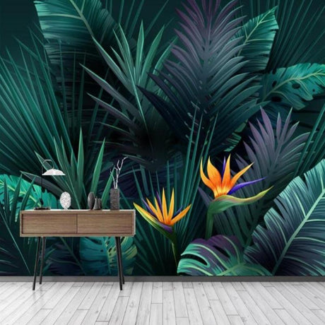 Tropical leaf wallpaper with Birds of Paradise and Monstera leaves creating a bold statement in a modern living room