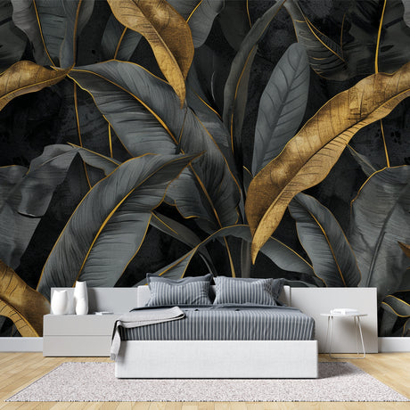 Tropical black and gold banana leaf wallpaper in modern dining room with golden accents