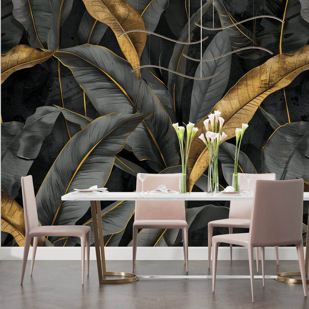 Black and gold tropical wallpaper creating drama in master bedroom