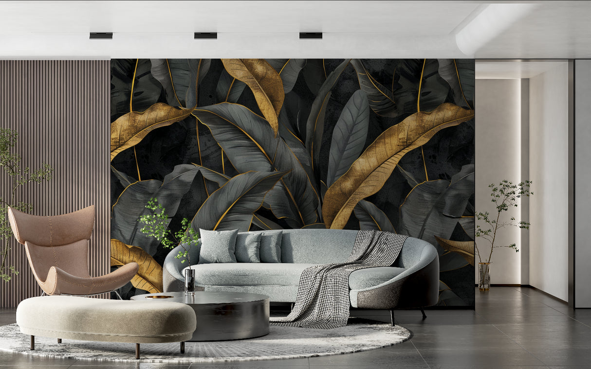 Luxury botanical wallpaper showcased in contemporary living room setting