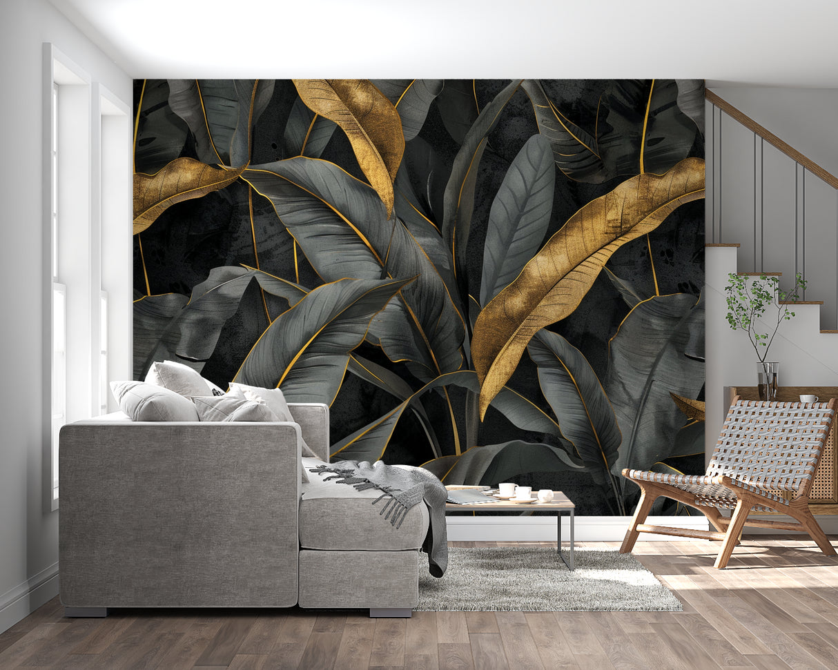 Dark tropical wall mural making statement in home office space