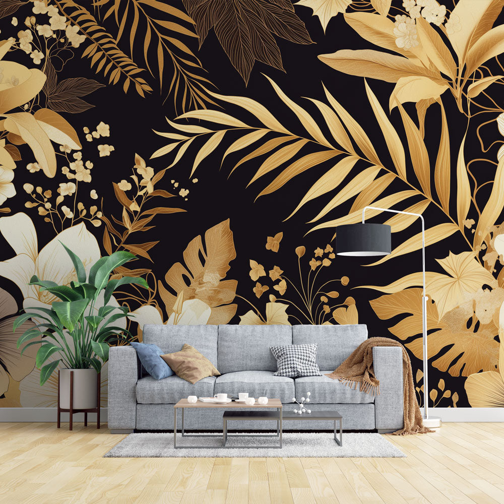 Black and gold tropical wallpaper creating dramatic impact in a modern living room with tall windows