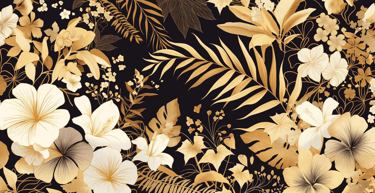 Tropical botanical design file showing detailed gold palm leaves pattern on black background