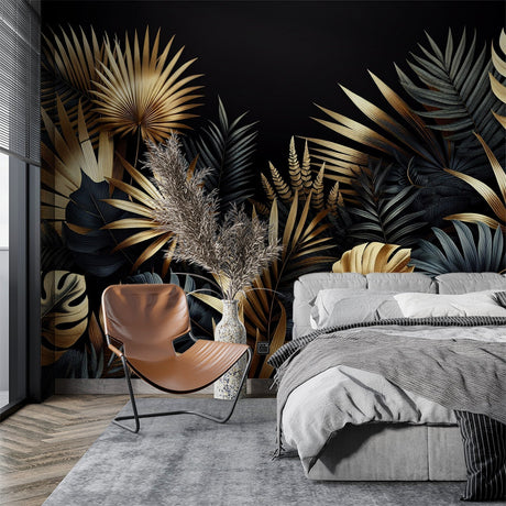 Tropical black and gold leaf wallpaper creating drama in a modern living room with evening lighting