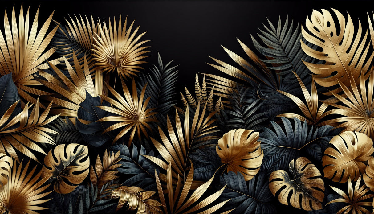 Black and gold tropical leaves design file showing intricate botanical pattern