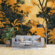 Black and gold tropical wallpaper creating a luxurious atmosphere in a modern dining room with ambient lighting
