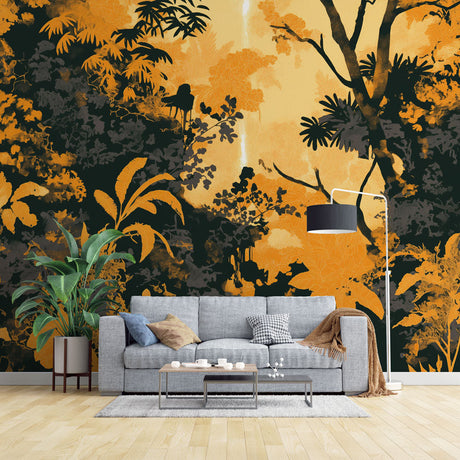 Black and gold tropical wallpaper creating a luxurious atmosphere in a modern dining room with ambient lighting