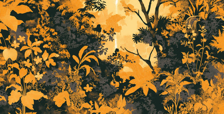 Tropical jungle wallpaper design file showing detailed black and gold botanical pattern