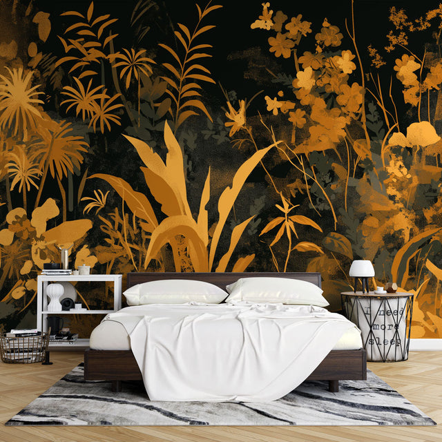 Tropical black and gold wallpaper in modern living room, golden palm leaves on dark background creating dramatic atmosphere