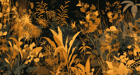 Black and gold tropical wallpaper design file showing detailed jungle foliage pattern
