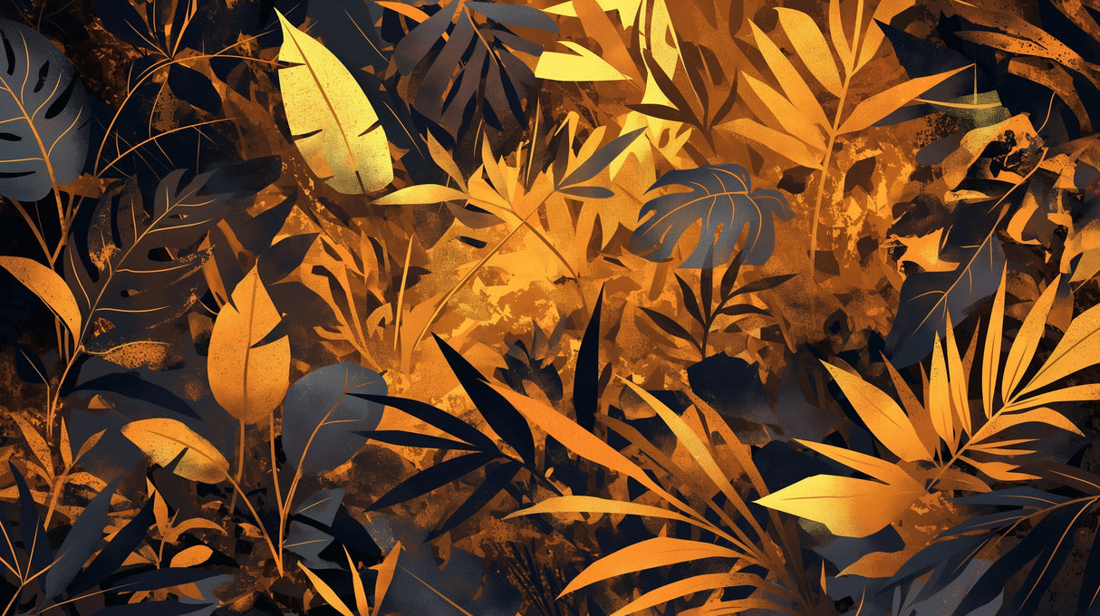 Tropical jungle design file showing detailed black and gold leaf pattern with metallic accents