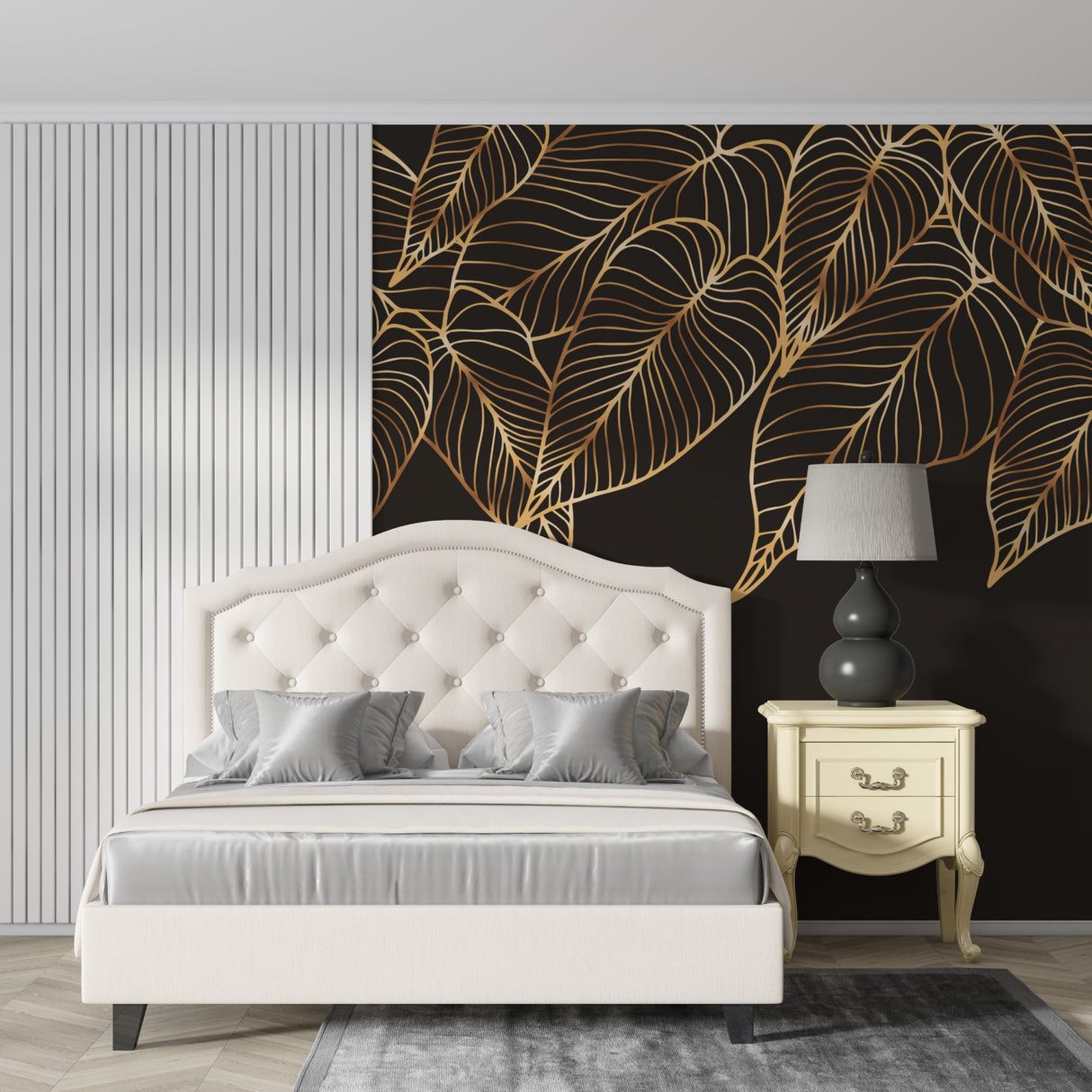 Luxury botanical wallpaper showcased in master bedroom with gold accents