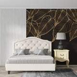 Luxury botanical wallpaper showcased in master bedroom with gold accents