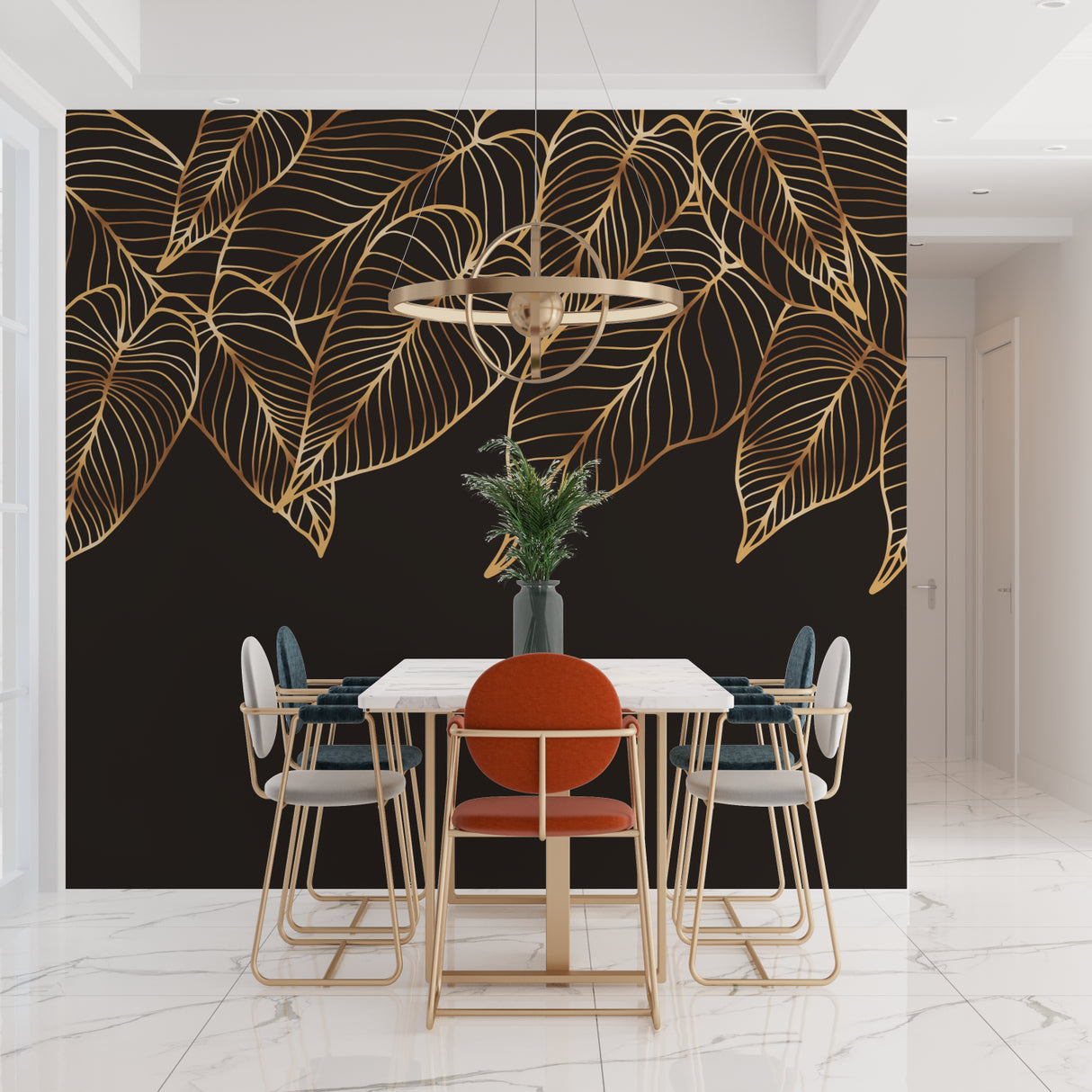 Black and gold palm leaf mural in dining room with pendant lighting