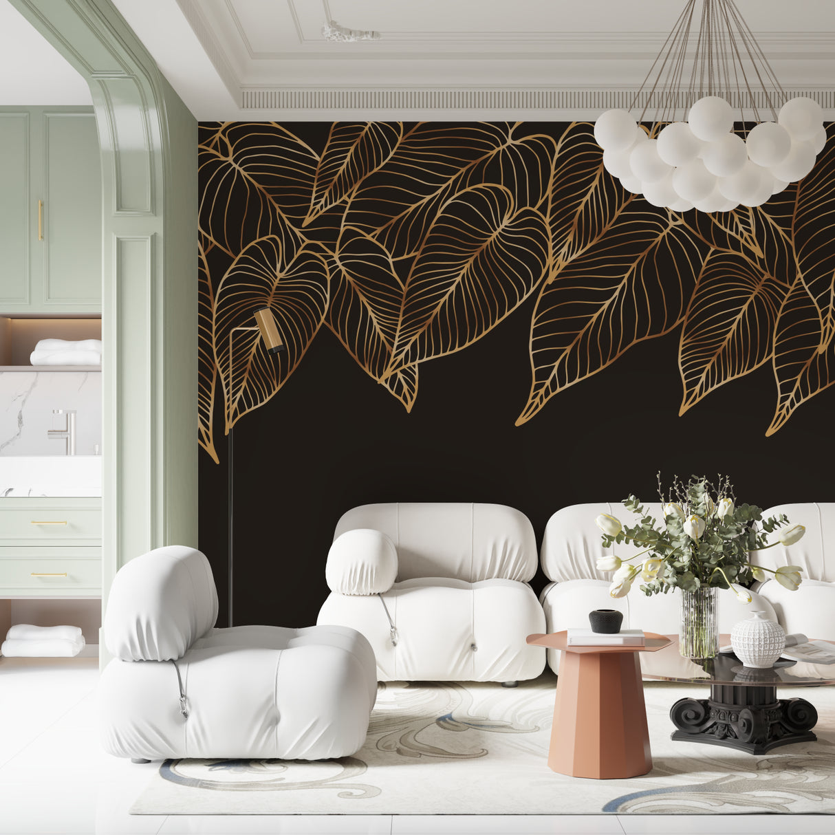 Gold leaf wallpaper adding luxury to boutique entrance hallway