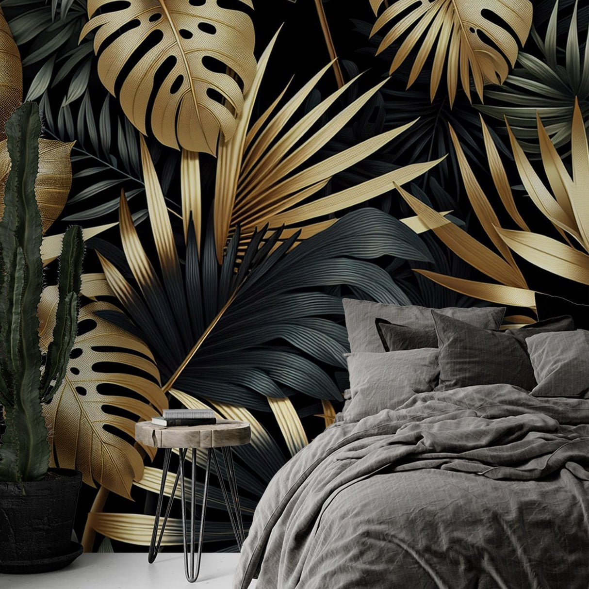 Black and gold tropical wallpaper with monstera leaves creating drama in a modern living room with high ceilings