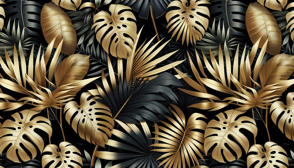 Black and gold monstera leaf design file showing intricate metallic pattern detail