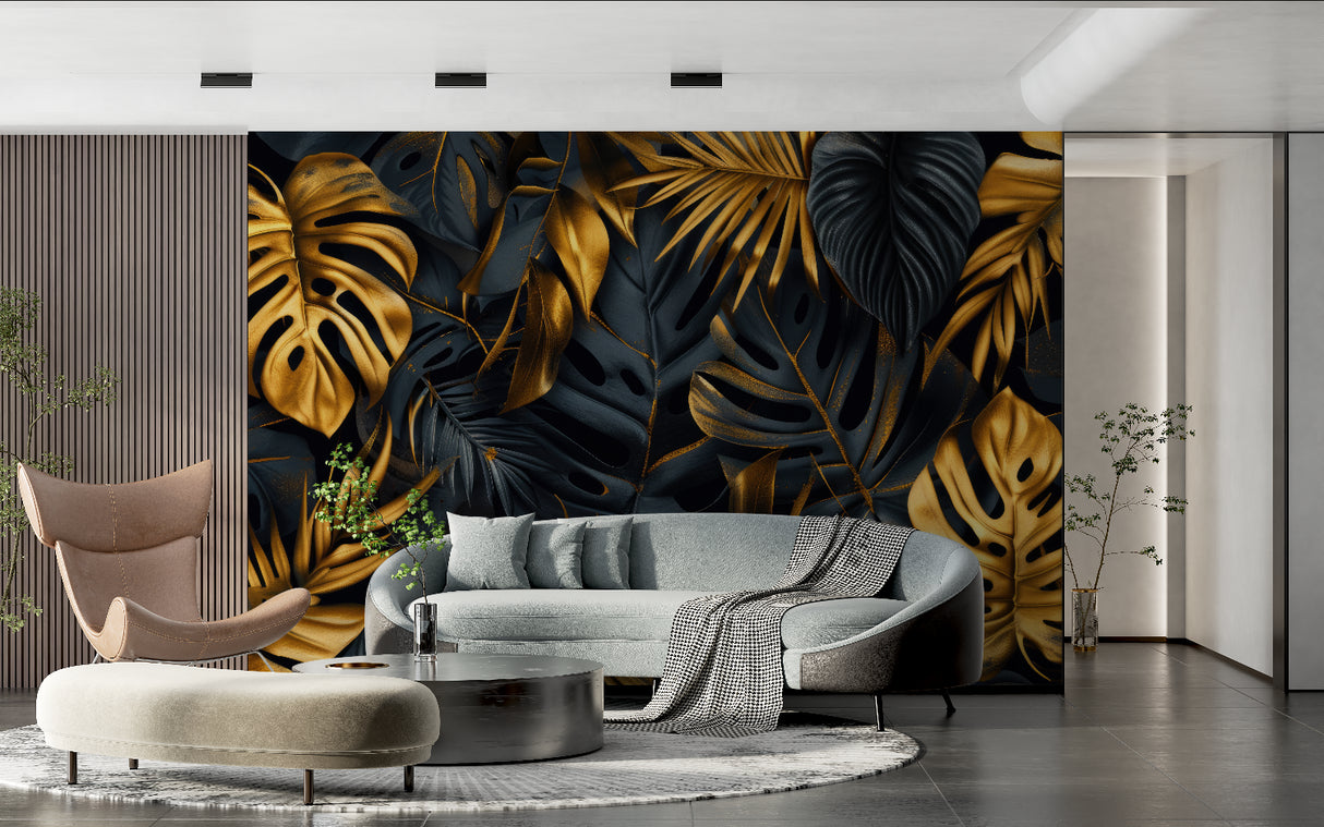 Black and gold Monstera leaf wallpaper in modern living room setting with grey sofa