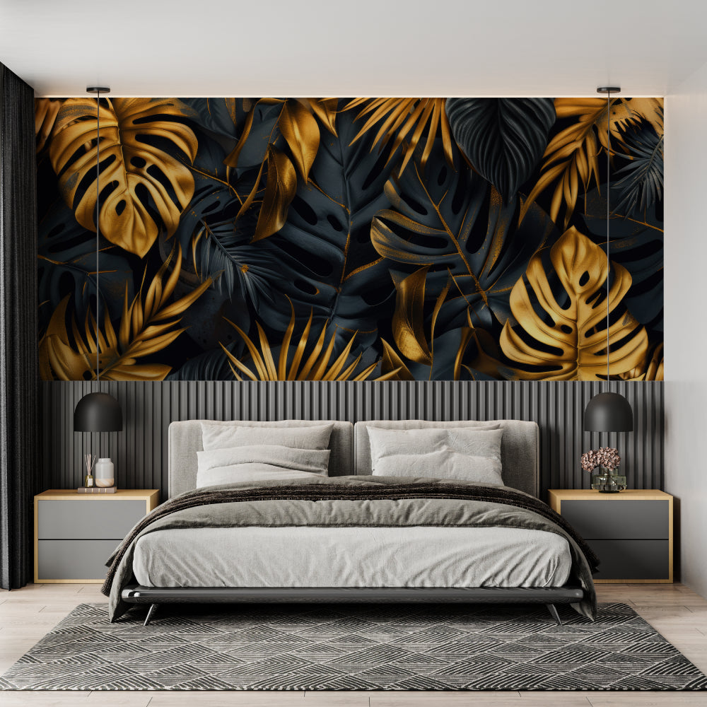 Tropical monstera wallpaper featuring black and gold design in luxury bedroom