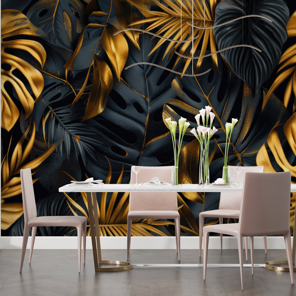 Black and gold leaf pattern mural in stylish dining room with pendant lights