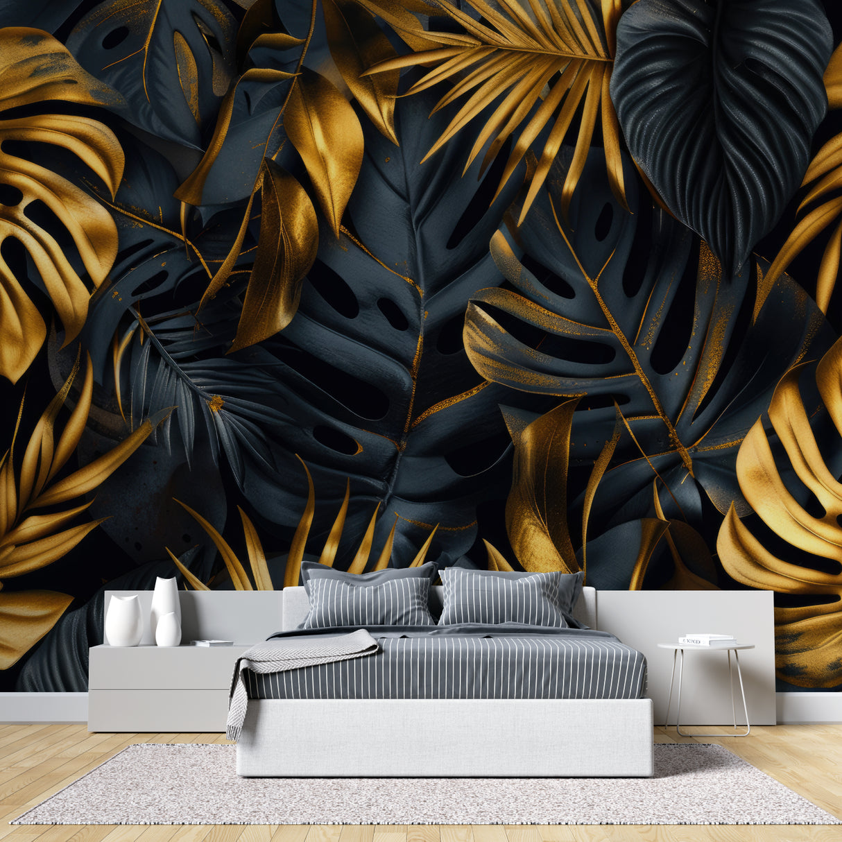 Monstera leaf wallpaper showcased in home office with natural lighting