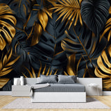 Monstera leaf wallpaper showcased in home office with natural lighting